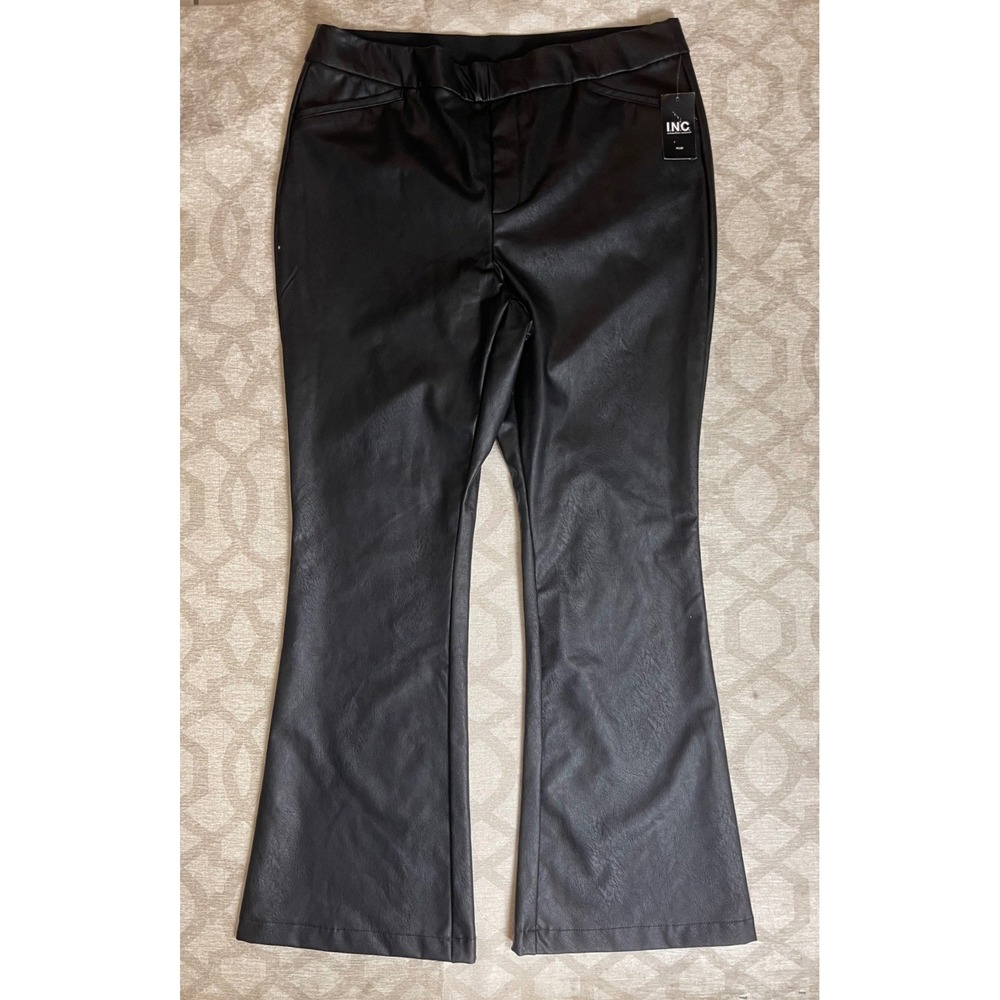 INC International Concepts Women 14W Black NWT Faux Leather Flare Pants HighRise
